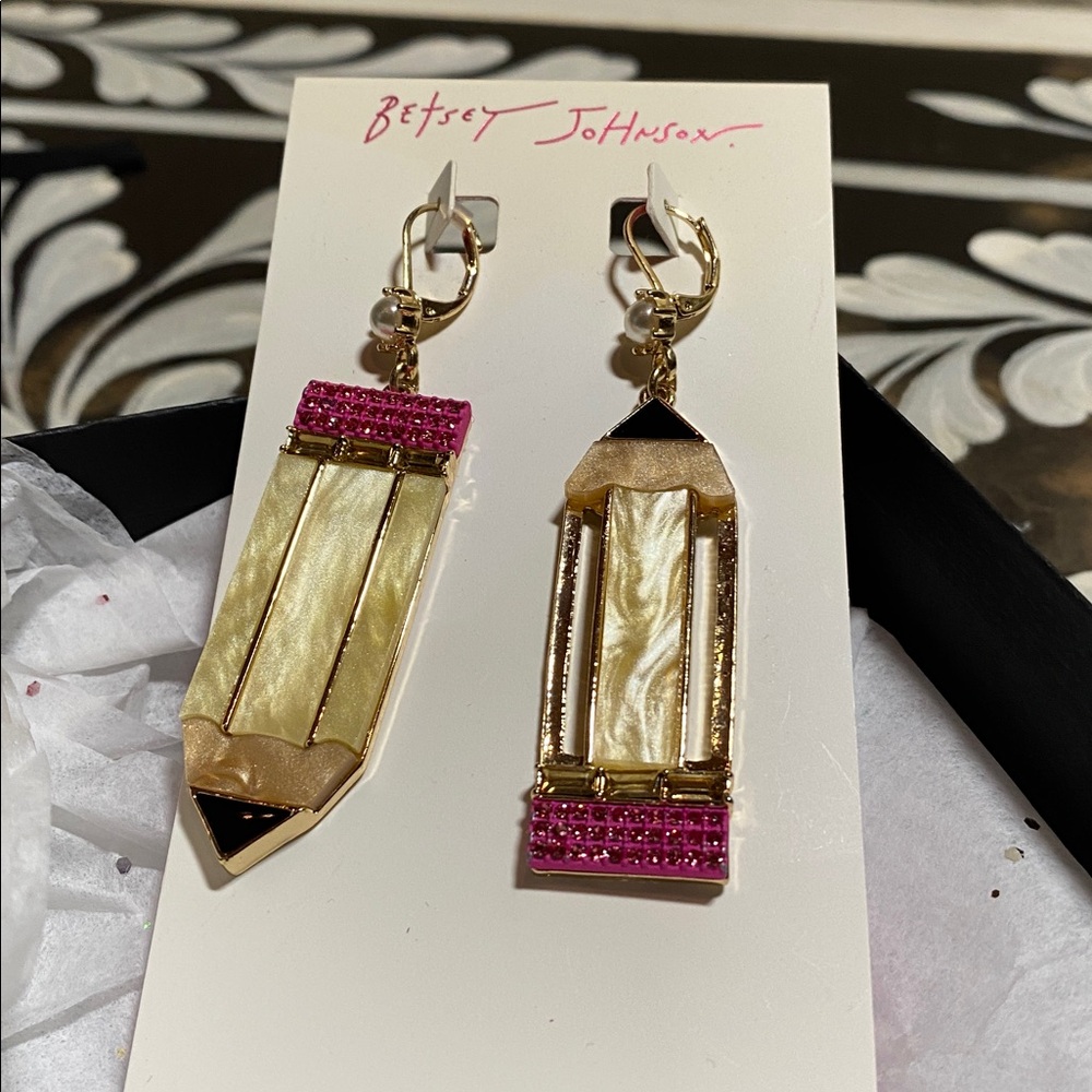 Betsey Johnson School Teacher Yellow Pencil Dangly Earrings - Picture 2 of 5